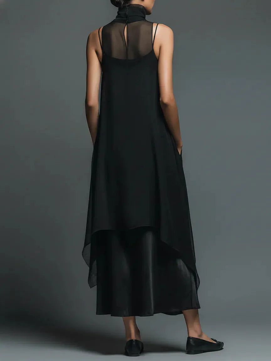 Momocco Avant-Garde 2-Piece Set - Sheer Mesh Layered Chiffon Maxi Dress in Midnight Black