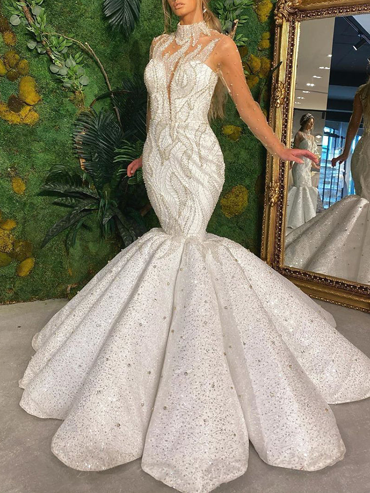 Elegant Round-Neck Lace Jacquard White Wedding Mermaid Maxi Dress