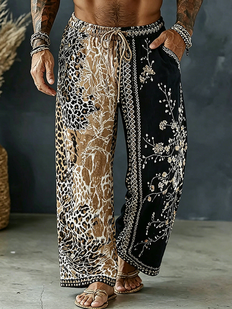 Men's Vintage Spring Leopard And Floral Art Print Flowy Linen Blend Casual Pants