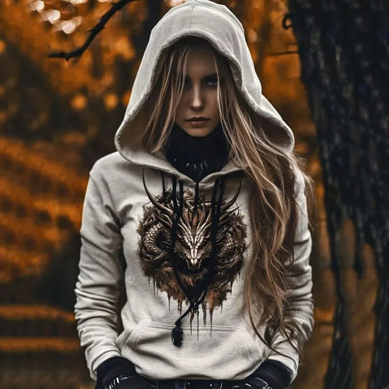 Women's Tribal Viking Dragon Printed Casual Hoodie