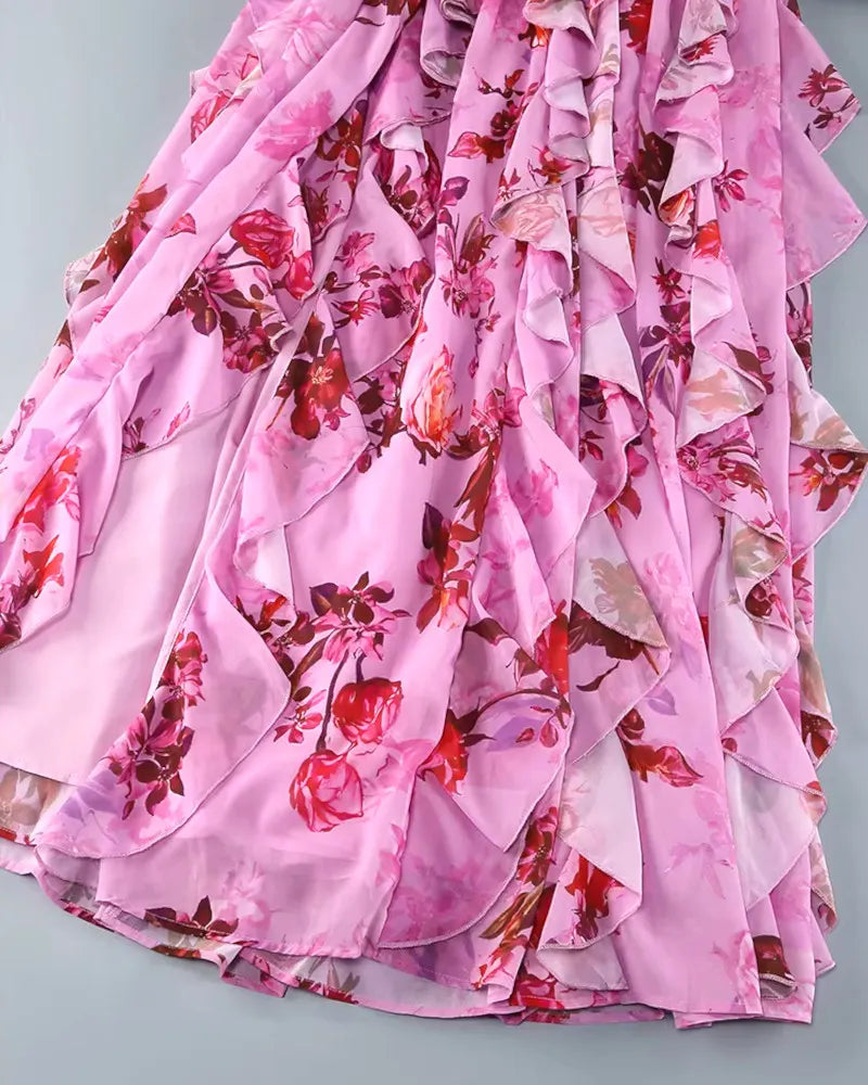 Halter Floral Ruffle Maxi Dress Pink