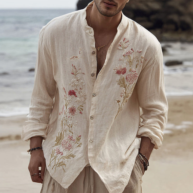 Men's Floral Embroidered Comfortable Linen Shirt