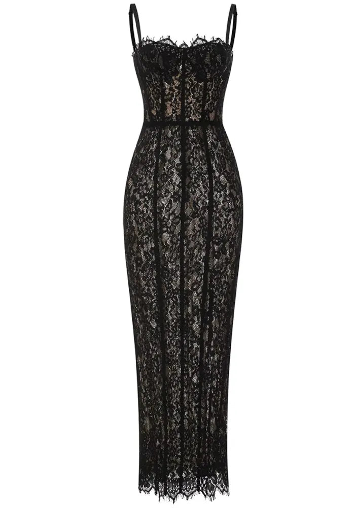Lace Bustier Detail Maxi Dress Black