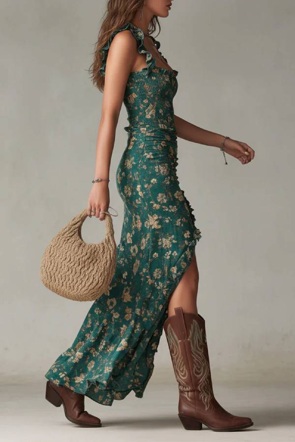 Bohemian Green Printed Maxi Dress with Ruffled Sleeves