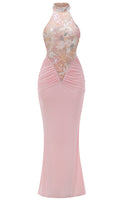Halter Floral Sequin Embroidered Maxi Dress Pink
