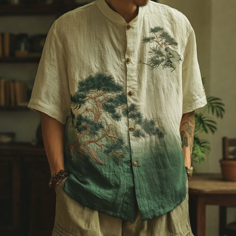Men's Retro Pine Trees Art Print Button Casaul Shirt
