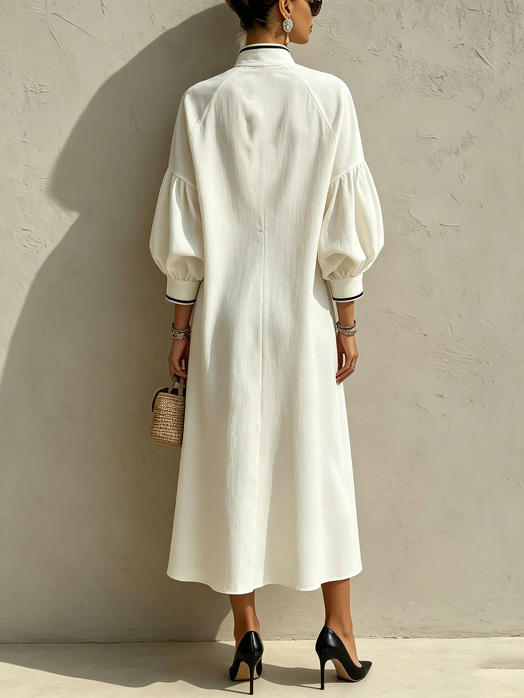 Ivory Contrast-Trim Lantern Sleeve Button-Front Midi Dress