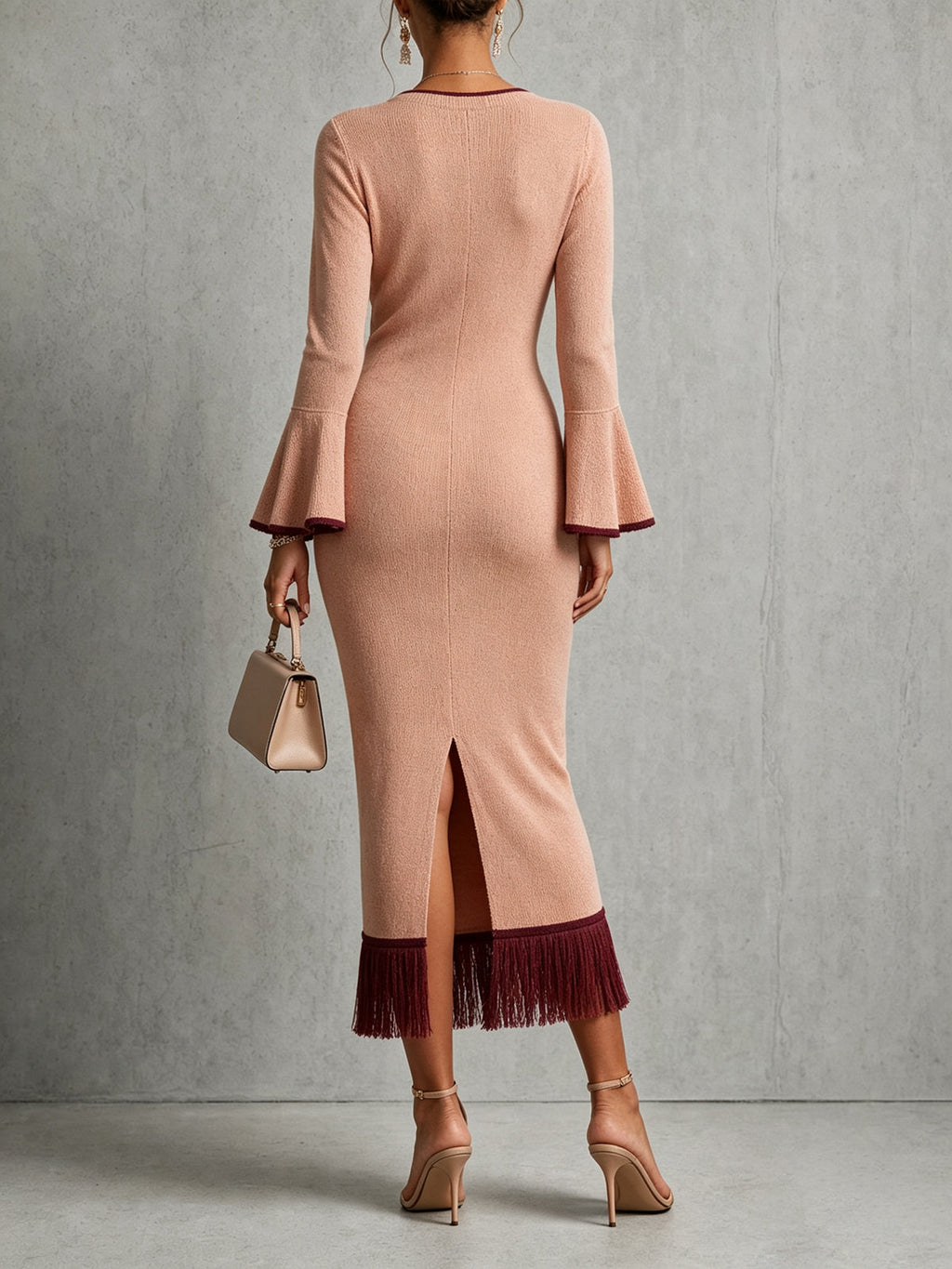 Pink V-Neck Fringe Hem Knit Midi Dress