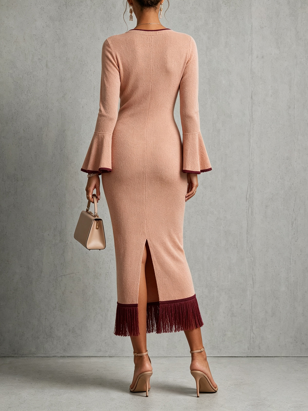 Pink V-Neck Fringe Hem Knit Midi Dress