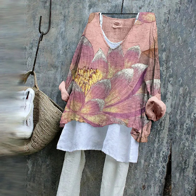 Lotus Flowers Japanese Art Linen Blend Cozy Tunic