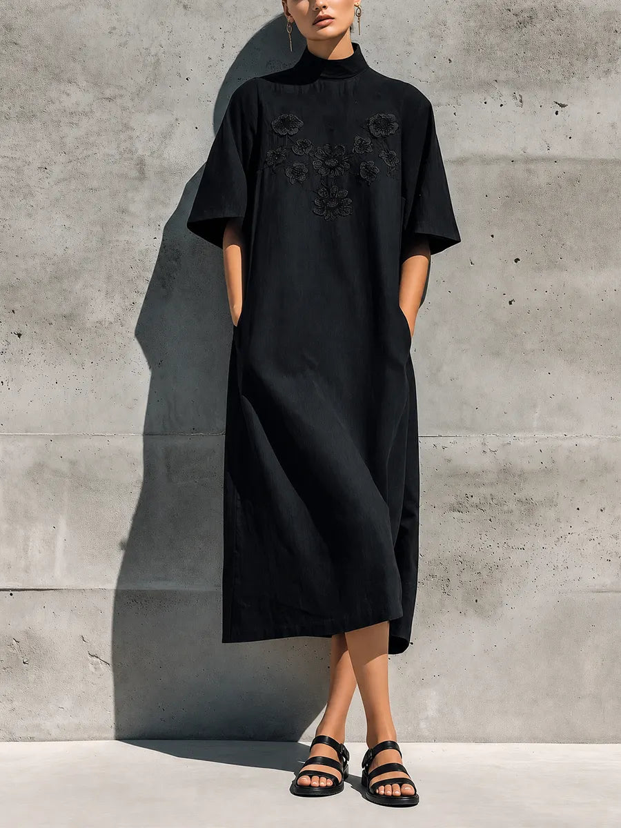 Women's Black Linen High Neck Floral Lace Embroidery Short Sleeve Pocket Loose Midi Dress MDZ0905G9YZJ