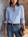 Women's Classic Commuter Blue White Cotton Blend Striped Pleated Pocket Button-Down Shirt MDZ1664G4GMJ