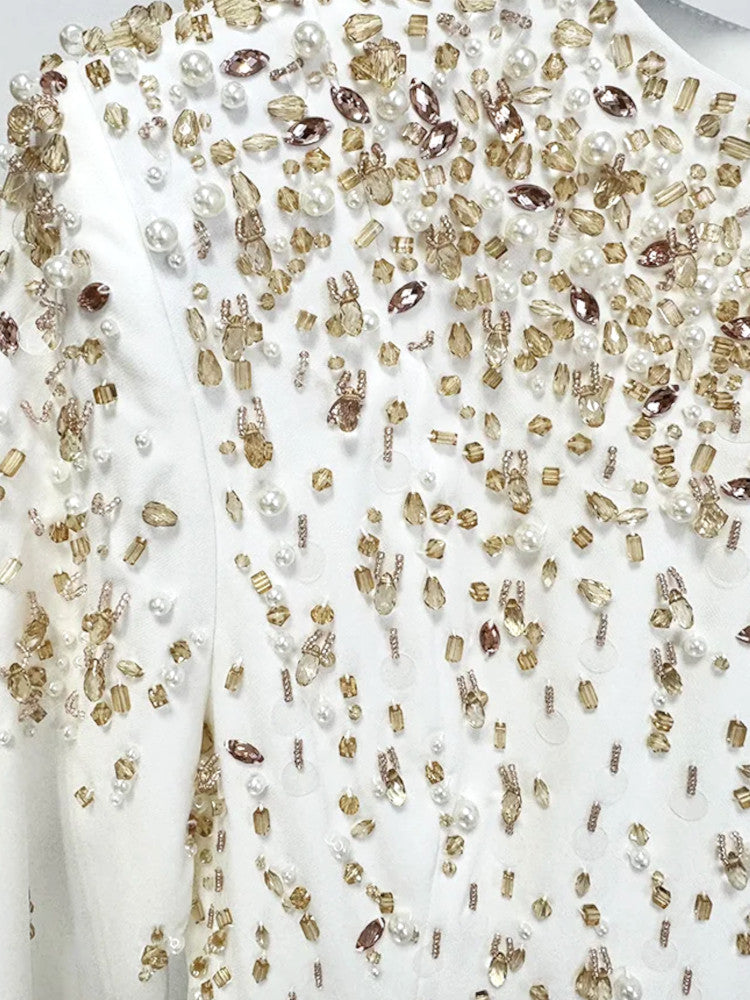 Long Sleeve Crystal Pearl Sequin Maxi Dress White