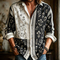 Men's Spring Floral Art Embroidered Cotton Linen Black And White Color Block Long Sleeve Shirt