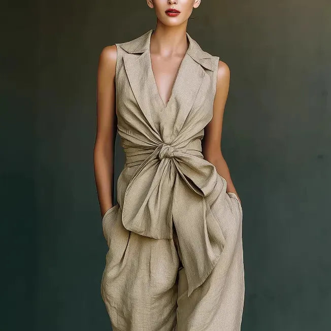 Momocco Elegant Knot-Waist Sleeveless Jumpsuit - Tailored V-Neck Wide Leg One-Piece