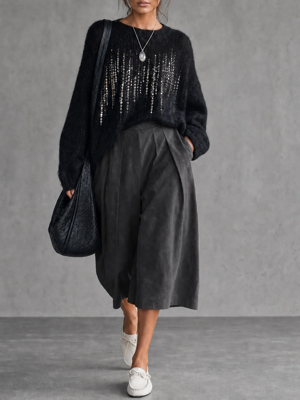 Women's Minimalist Sequin Long-Sleeve Sweater & Faux Suede Cropped Wide-Leg Pants Set MDZ2103G2WY