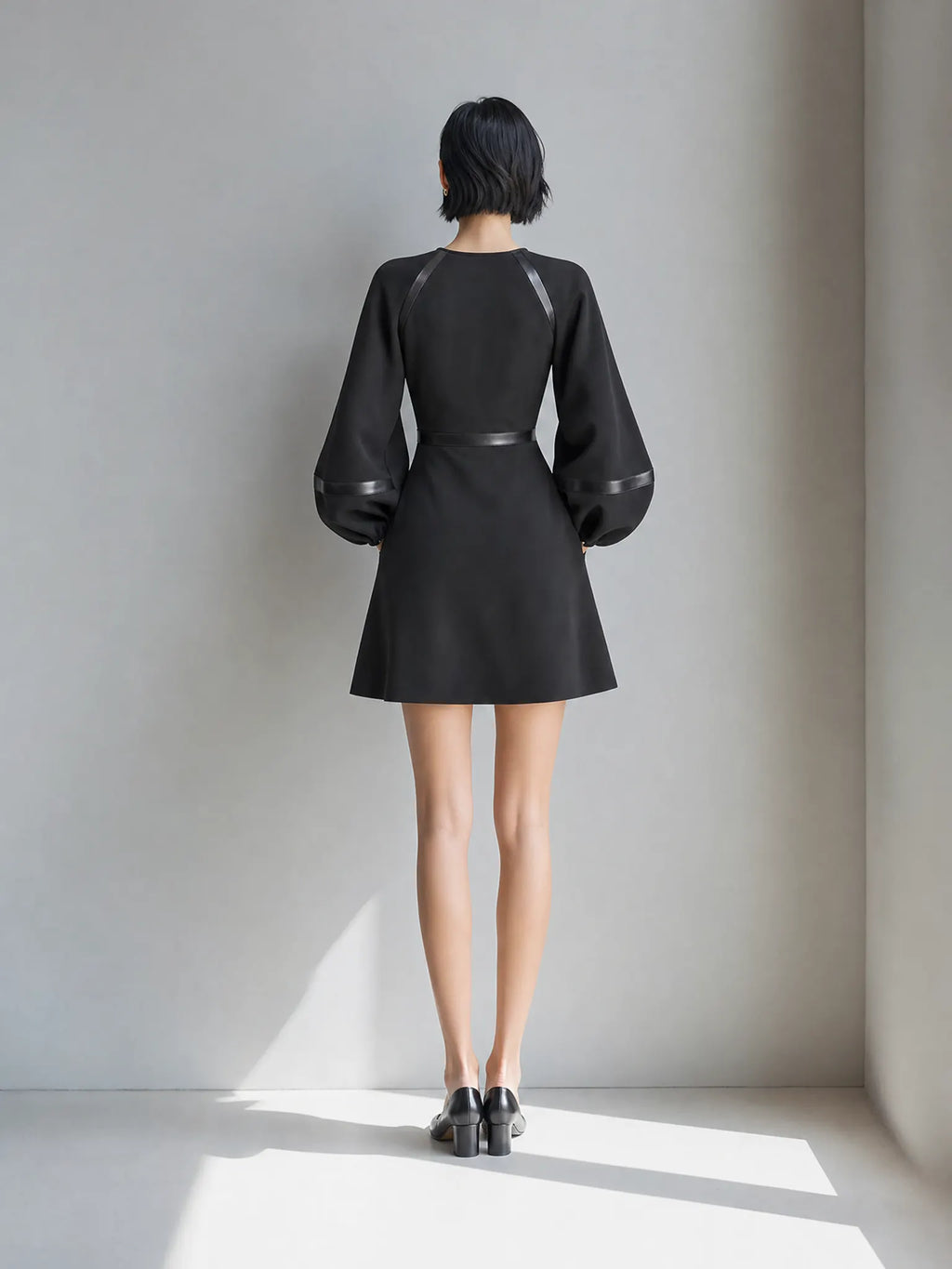 Women's Elegant Black Ponte Knit Round Neck Balloon Sleeve Satin Trim Fit And Flare Mini Dress MDZ1579G1ZSQ