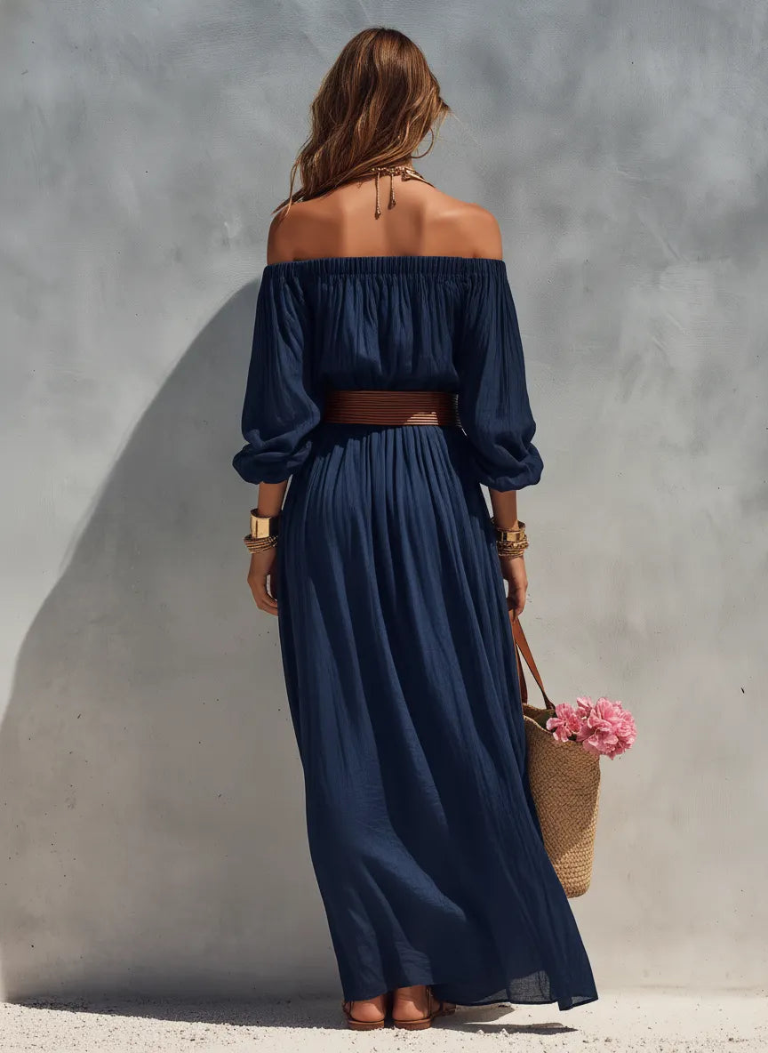 Women's Casual Dark Blue Cotton Linen Strapless Long-sleeved Dress (belt Not Included) MDZ1281C1AN