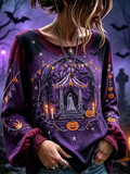 Women's Halloween Circus Tent And Pumpkin Pattern Ruffled Sleeve Blouse