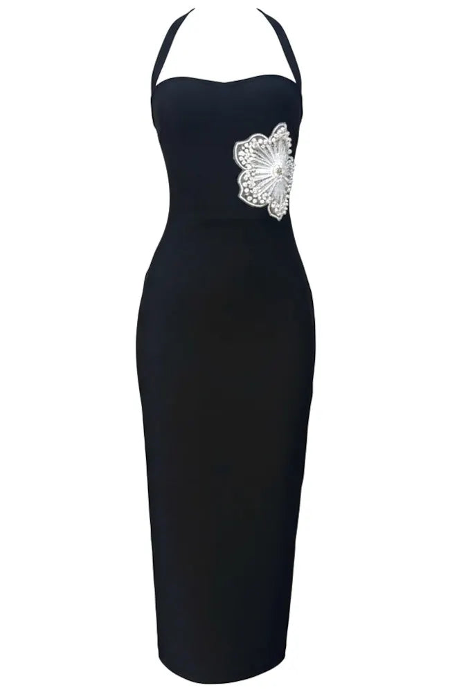 Halter Embellished Flower Midi Dress Black