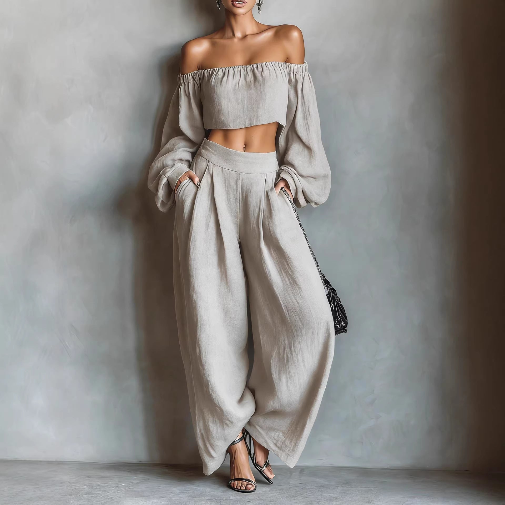 Momocco Elegant Off-Shoulder Puff Sleeve Two-Piece Set - Flowy Wide Leg Pants Resort Wear