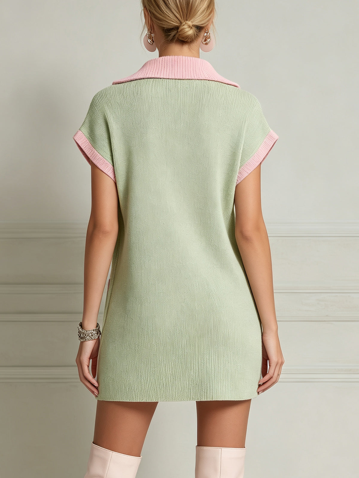 Green Colorblock Zip-Front Knit Mini Dress