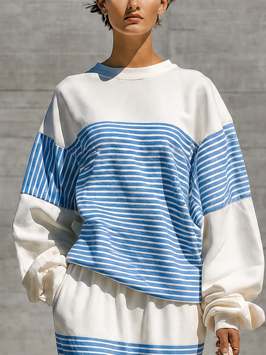 Women's White Blue Horizontal Stripe Color Block Crew Neck Long Sleeve Oversized Top Elastic Waist Midi Skirt Two Piece Set MDZ2790G6YZJ