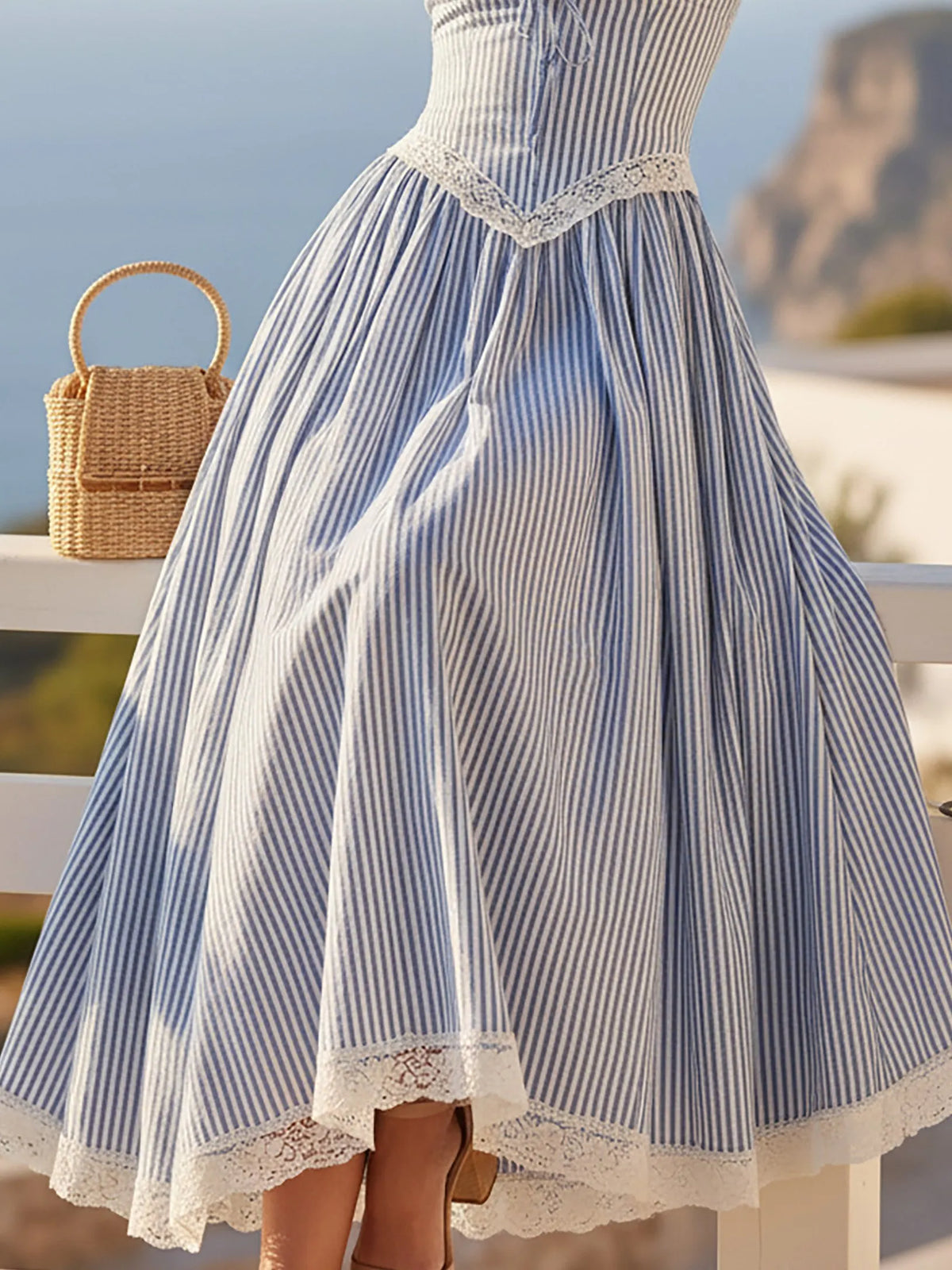 Maxi Linen Skirt, Striped, Lace, French Vintage, Blue