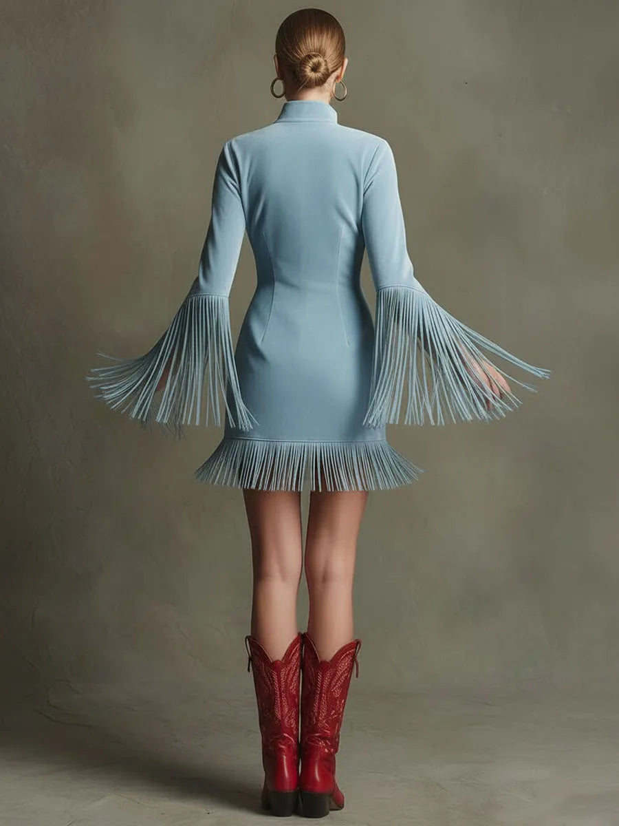 Western Retro Red Embroidered Blue Faux Suede Long-Sleeved Tassel Mini Dress