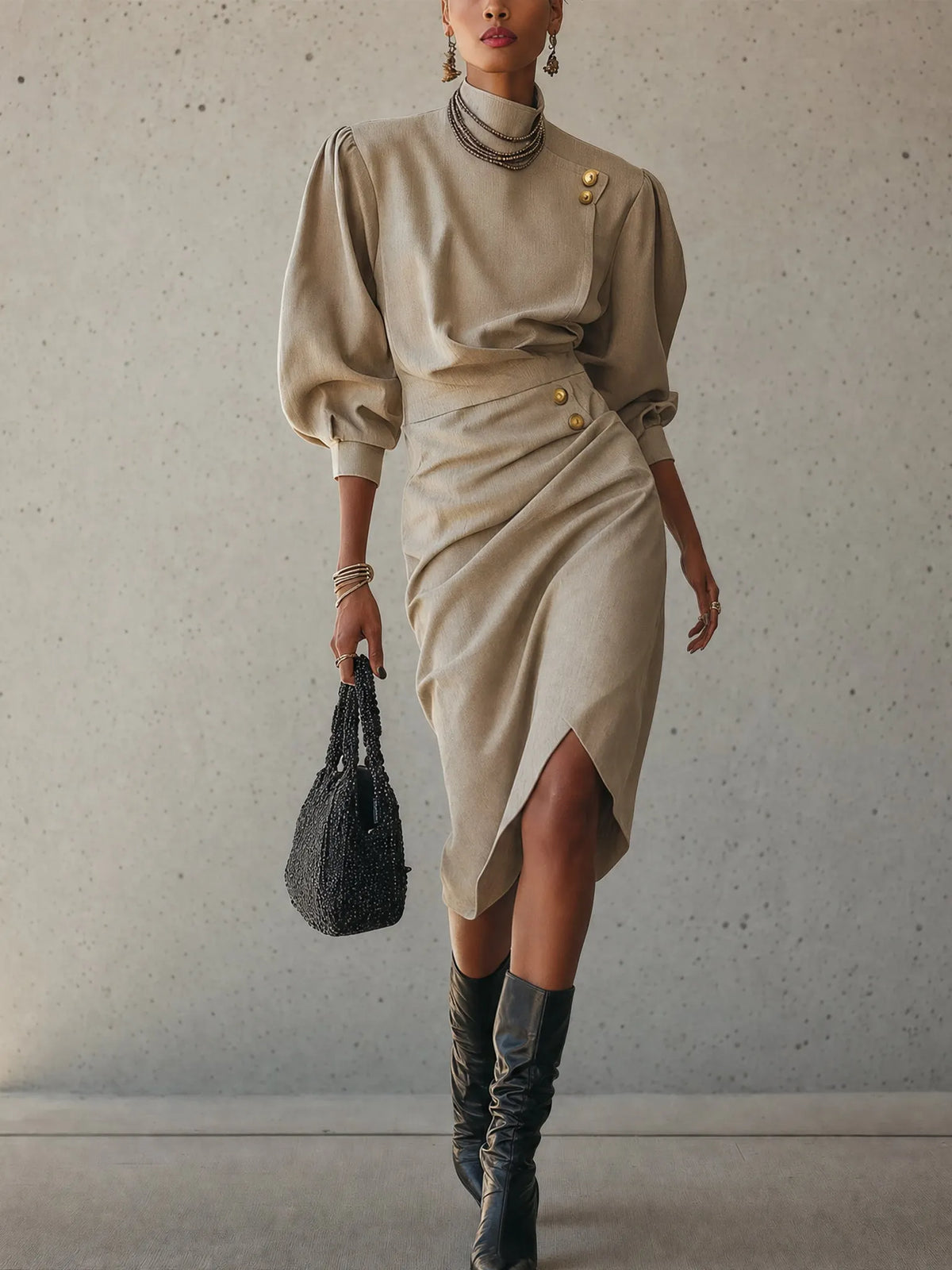 Beige Mid-Sleeve Button Pleated Midi Dress