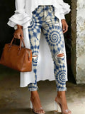 Women's Fashion Geometric Tie-dye Patterns Artistic Print Casual Skinny Ripped Jeans