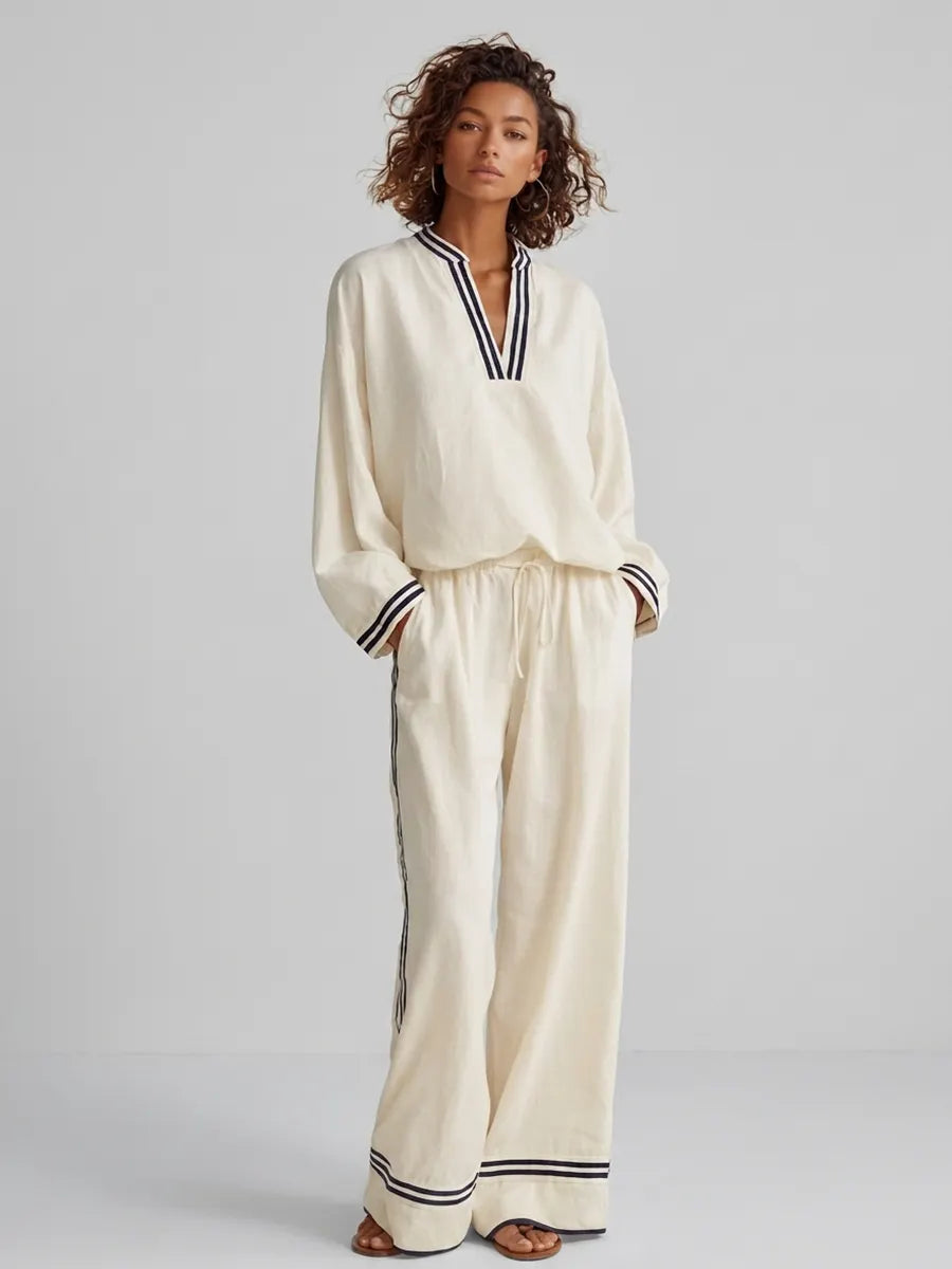 Women's Elegant Casual Off-white Linen Contrast-Stripe Stand-Collar V-Neck Long-Sleeve & Wide-Leg Trouser Set MDZ2059G3CMX