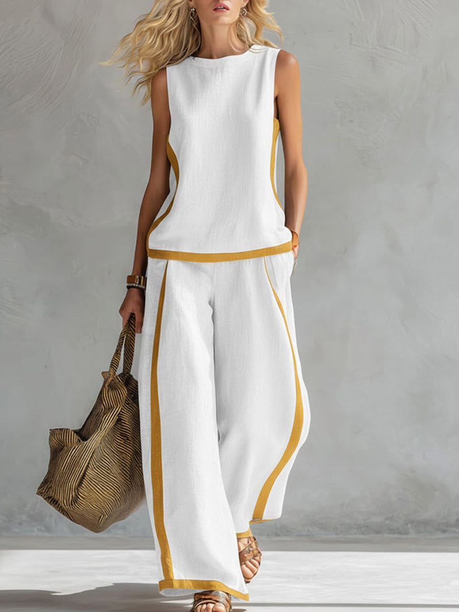 Round Neck Sleeveless Casual Loose Top And High-waisted Wide-leg Pants Set