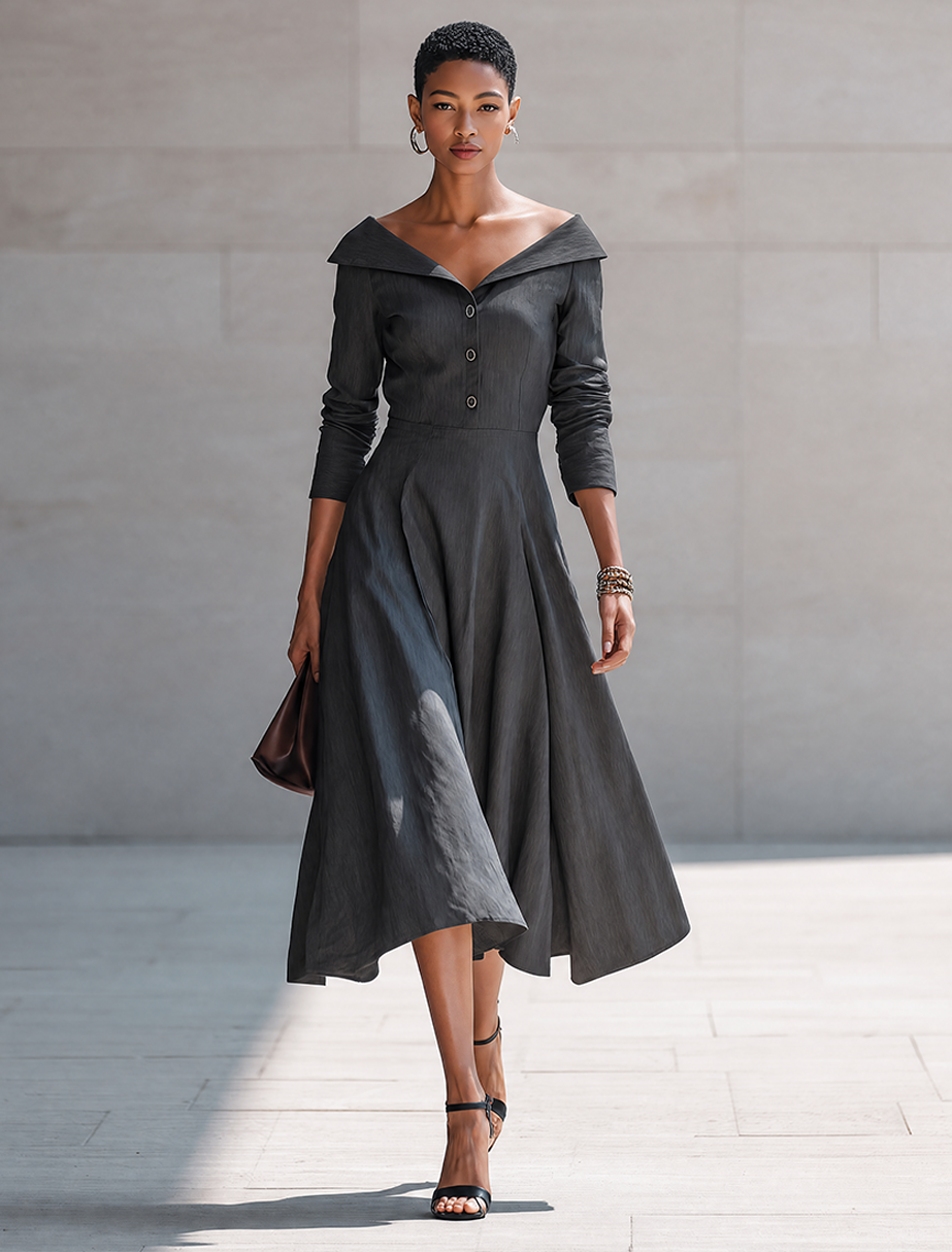 Women's Minimalist Solid-Color Cotton-Linen Off-Shoulder Button-Front Midi Dress MDZ1094G5ZRK