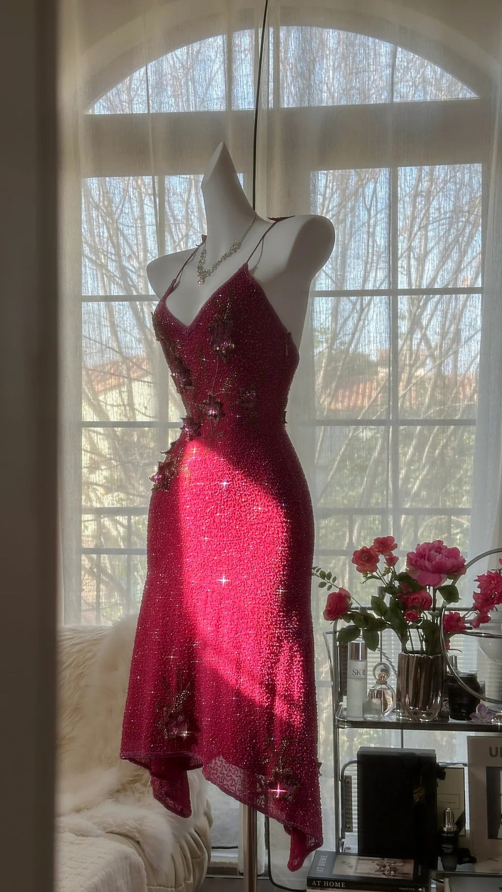 Pink Gorgeous Elegant Romantic Exquisite Beaded Sequin Midi/Short Chiffon Ball Gown Evening Dress Birthday/Wedding Guest Party Dress Prom Dress 4019