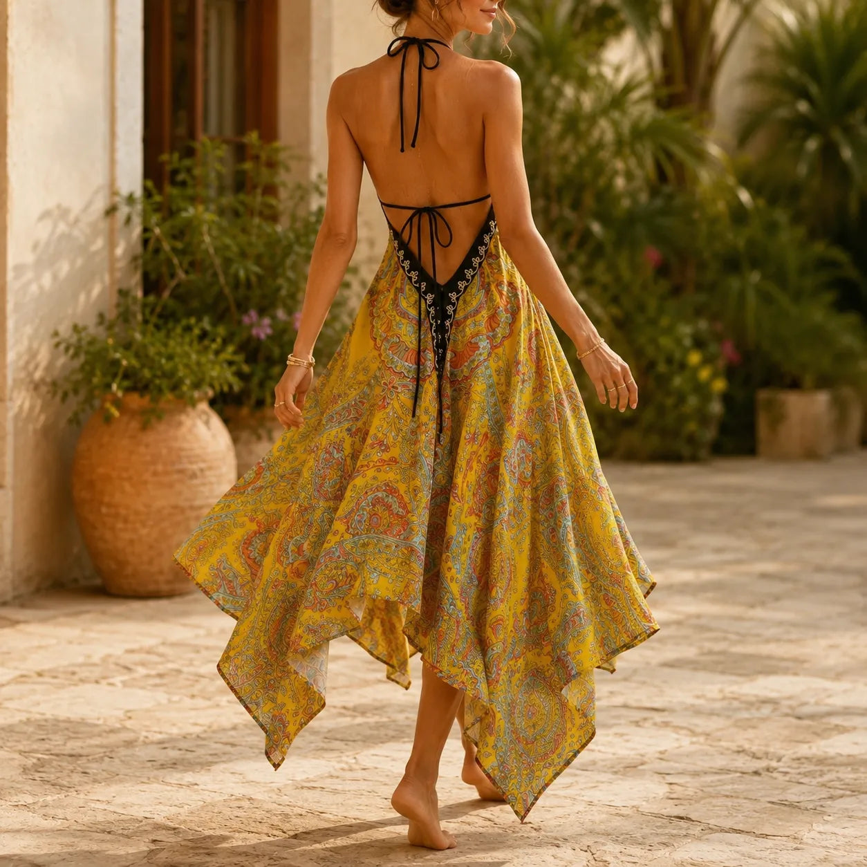 Solivia – Boho paisley halter maxi dress with open back and handkerchief hem