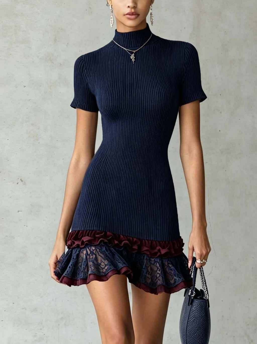 Navy Ribbed Knit Mini Dress With Lace Hem And Ruffle Trim