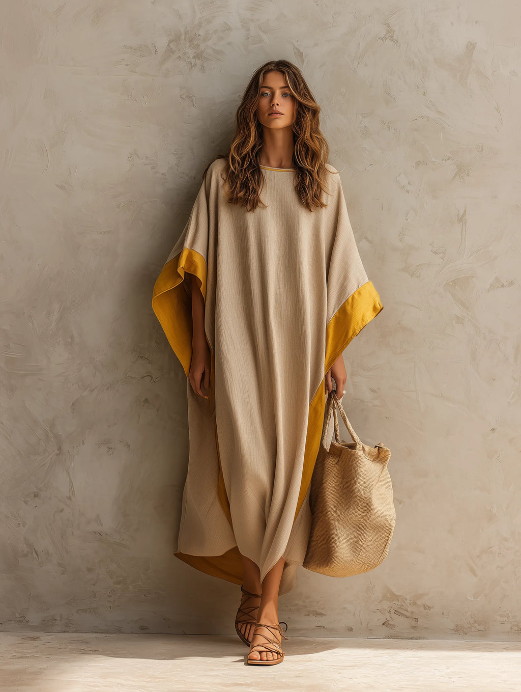 Women's Casual Khaki Cotton-linen Maxi Dress With A Round Neck And Batwing Sleeves MDZ0647G5LXY