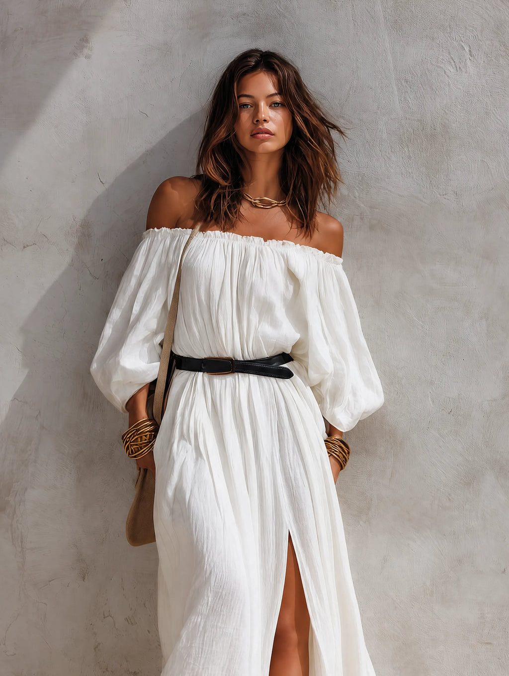 Women's Casual Beige Woven Off-Shoulder Long-Sleeve Maxi Dress (with Belt) MDZ0293G6LXY
