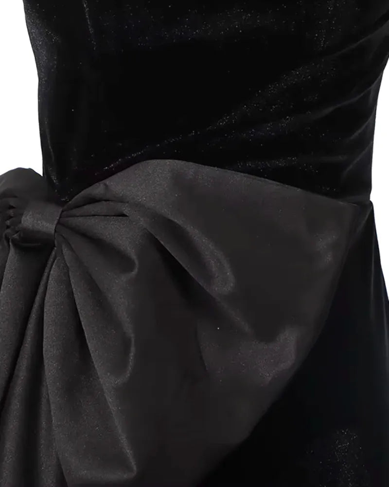 Strapless Bow Detail Maxi Velvet Dress Black