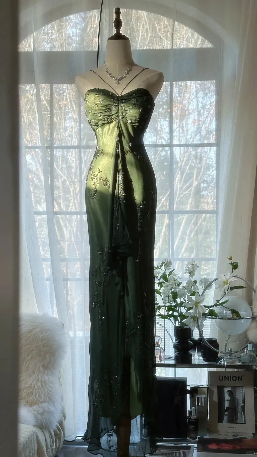 Green Elegant Fashion Exquisite Beaded Strapless Long Chiffon Ball Gown Evening Dress Birthday/Holiday Party Dress Prom Dress 4066