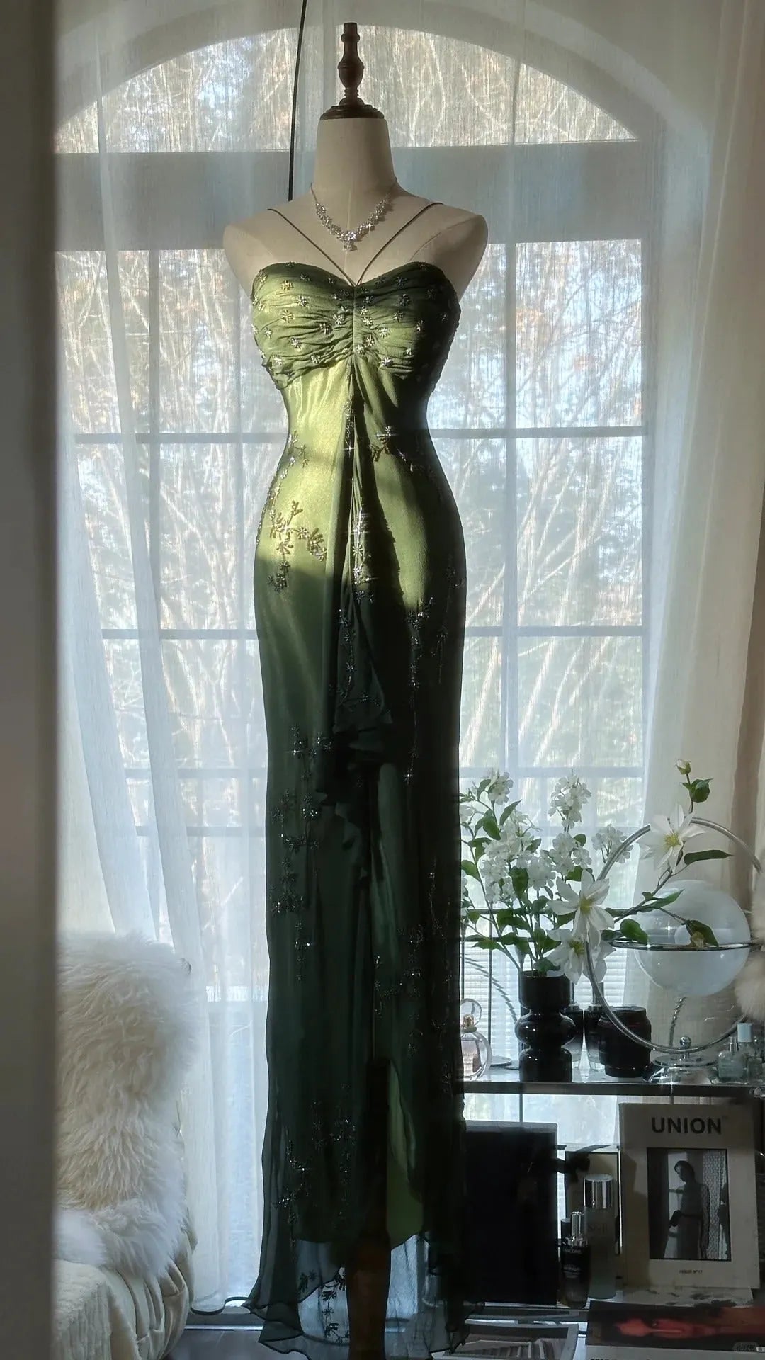 Green Elegant Fashion Exquisite Beaded Strapless Long Chiffon Ball Gown Evening Dress Birthday/Holiday Party Dress Prom Dress 4066