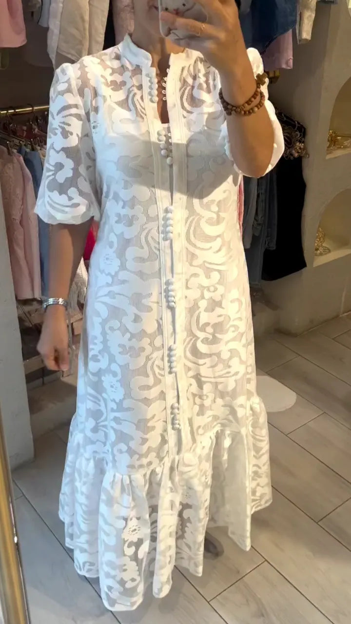 Vintage French Cottagecore Lace Maxi Dress