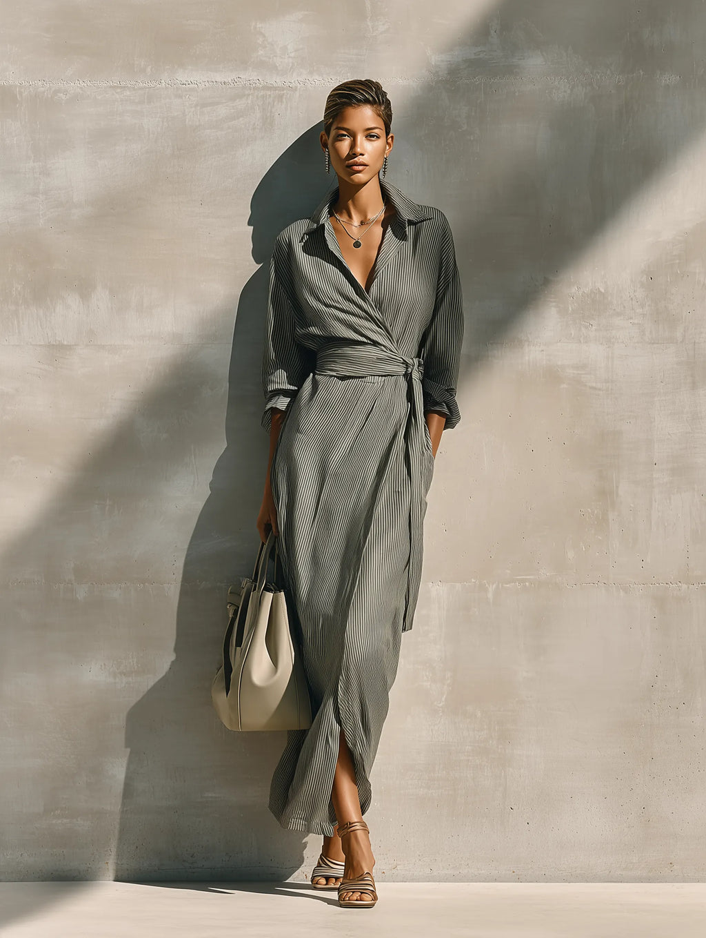 Women's Grey White Vertical Stripe Cotton-linen Blend Collared Wrap Tie Waist Side Pocket Maxi Shirt Dress MDZ1451G8YZJ