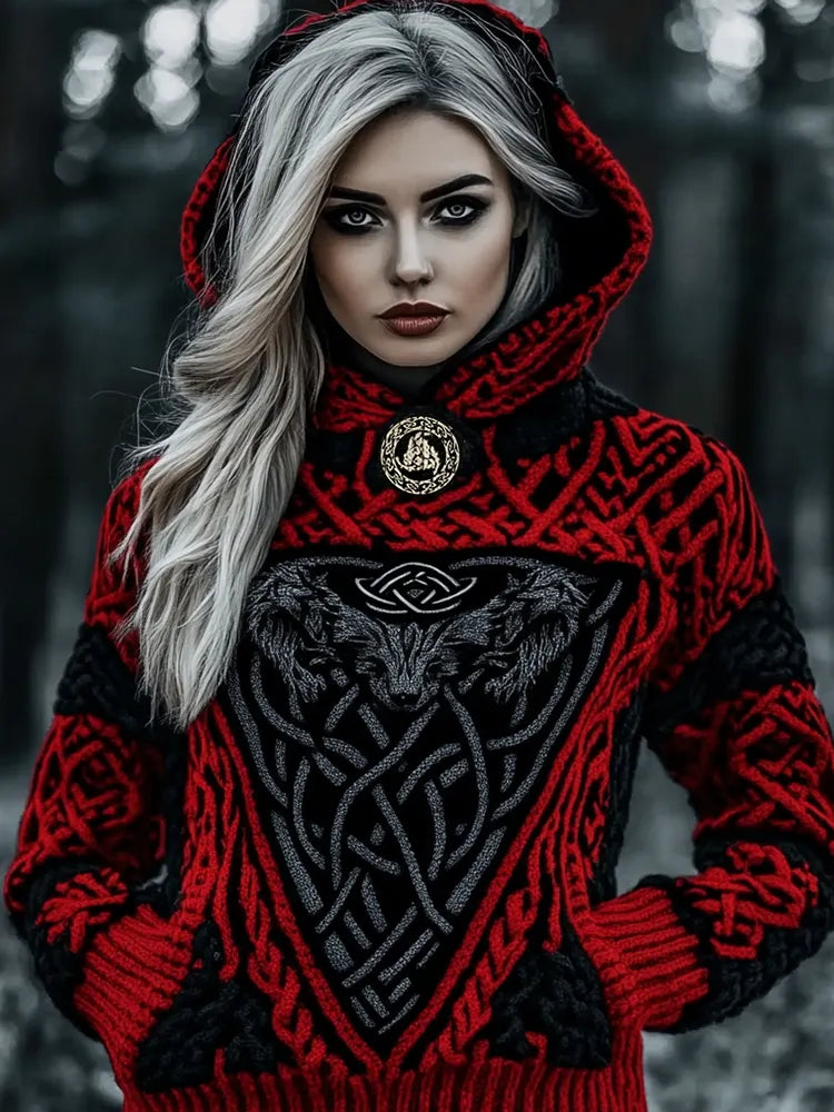 Vintage Viking Wolf Rune Chunky Knit Jacquard Hooded Sweater