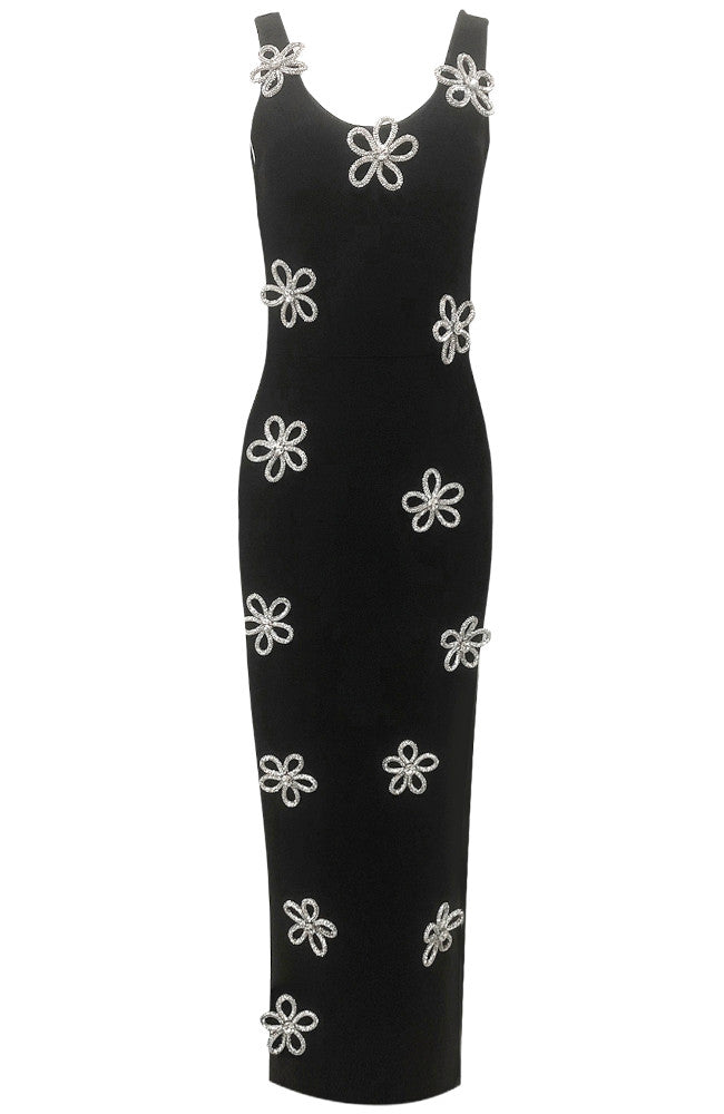 Crystal Floral Detail Maxi Dress Black