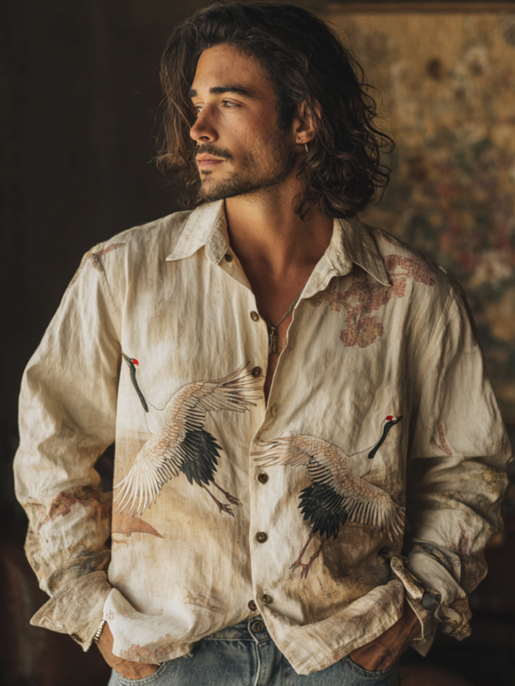 Vintage Japanese Crane Retro Printed Linen And Cotton Collar Shirt