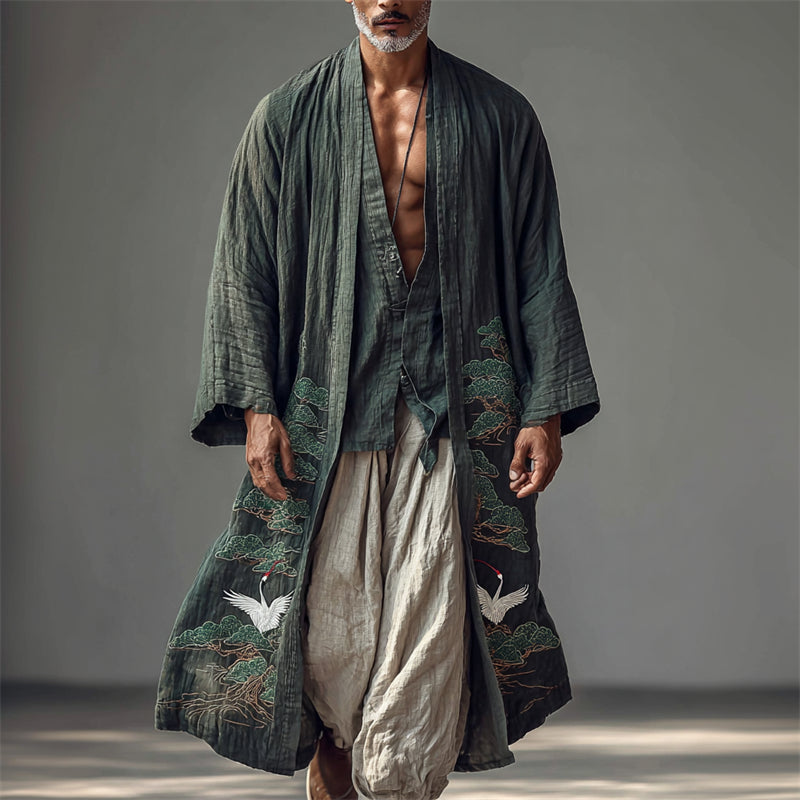Men's Japanese Cranes Pine Trees Linen Long Kimono
