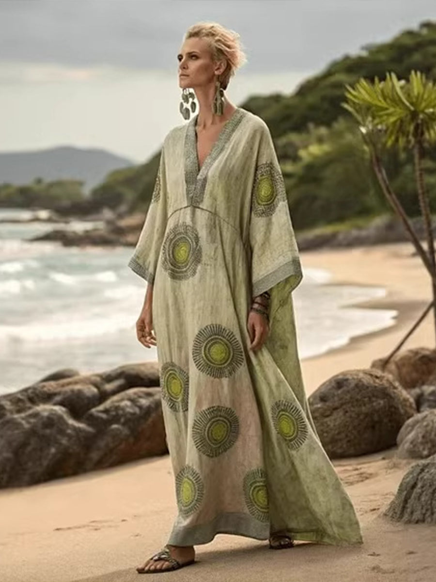 Bohemian Art-print Loose-fit Extra-long Linen And Cotton Dress