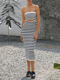 Stripe Cutout Rib Midi Tube Dress